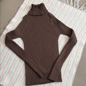 Link Chocolate Brown Fitted Ribbed Turtleneck Stretchy Sweater Women’s Size L !